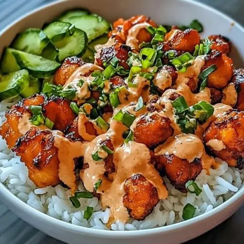 Crispy Bang Bang Chicken Bowl with vibrant veggies and flavorful sauce.