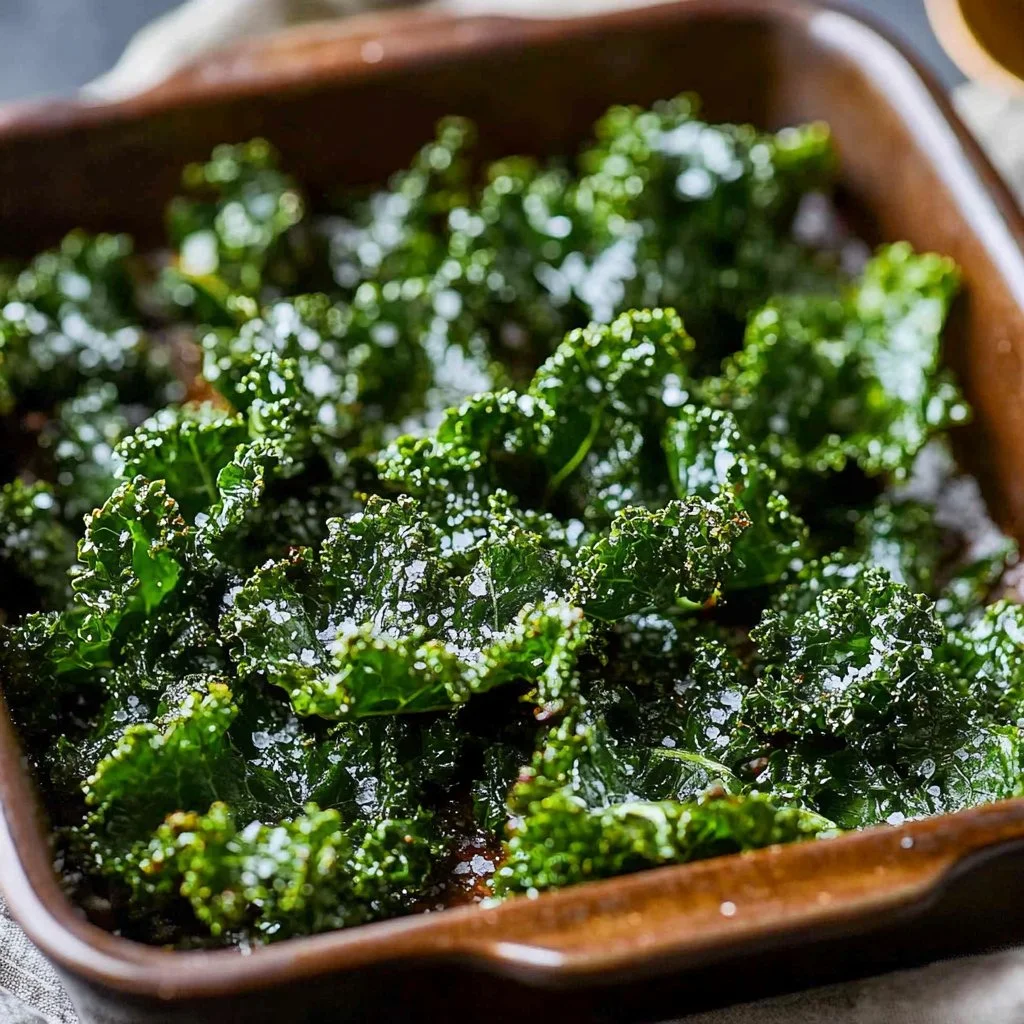A bowl of crispy garlic parmesan kale chips on a wooden table