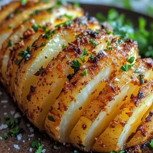 Crispy Hasselback potatoes drizzled with garlic butter
