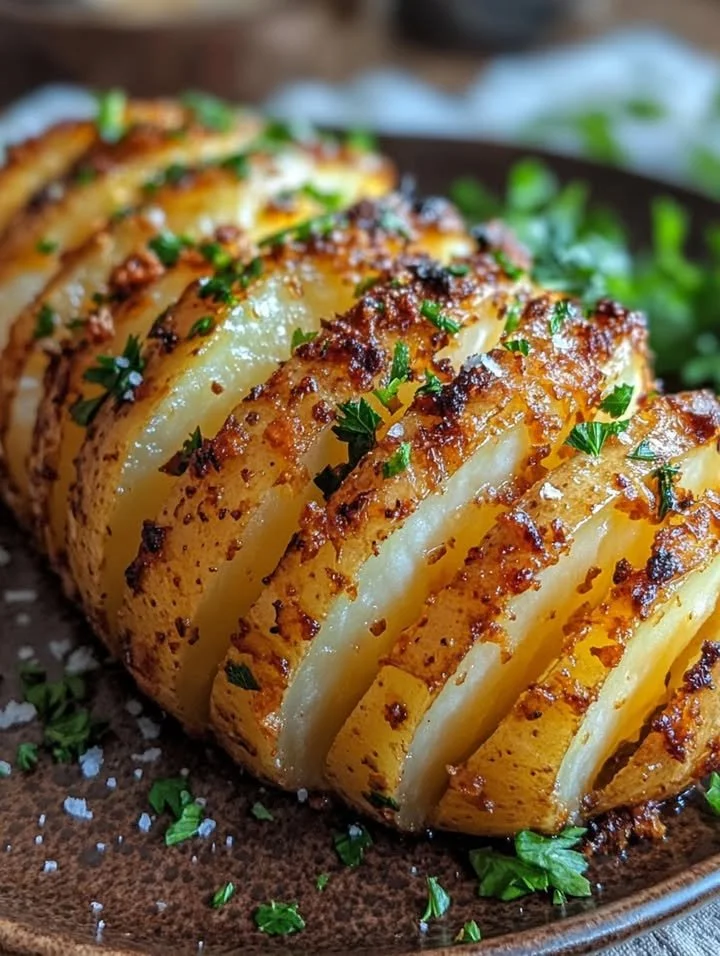 Crispy Hasselback potatoes drizzled with garlic butter