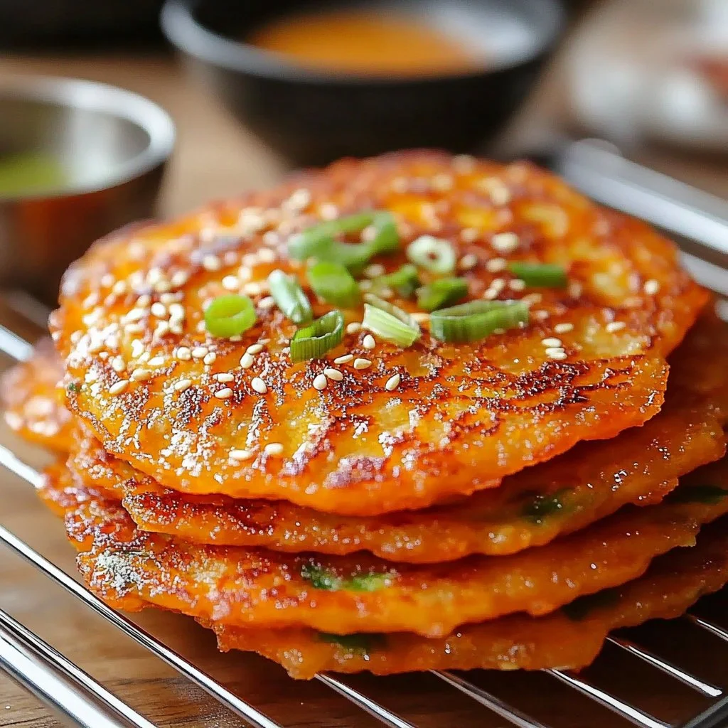 Crispy Korean kimchi pancake served with dipping sauce
