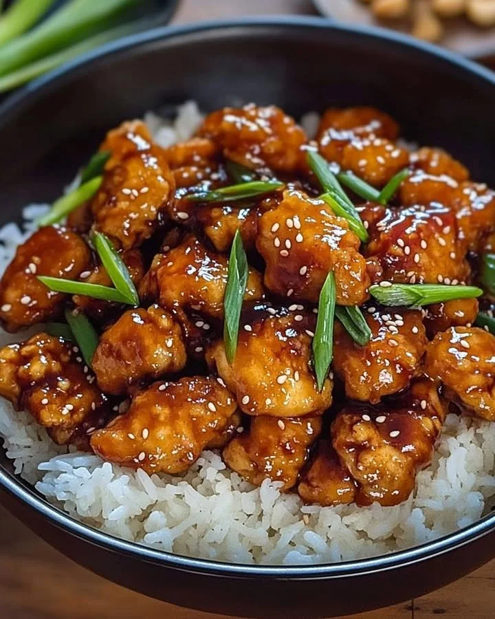 Crispy Mongolian Chicken with a sticky glaze served on a plate