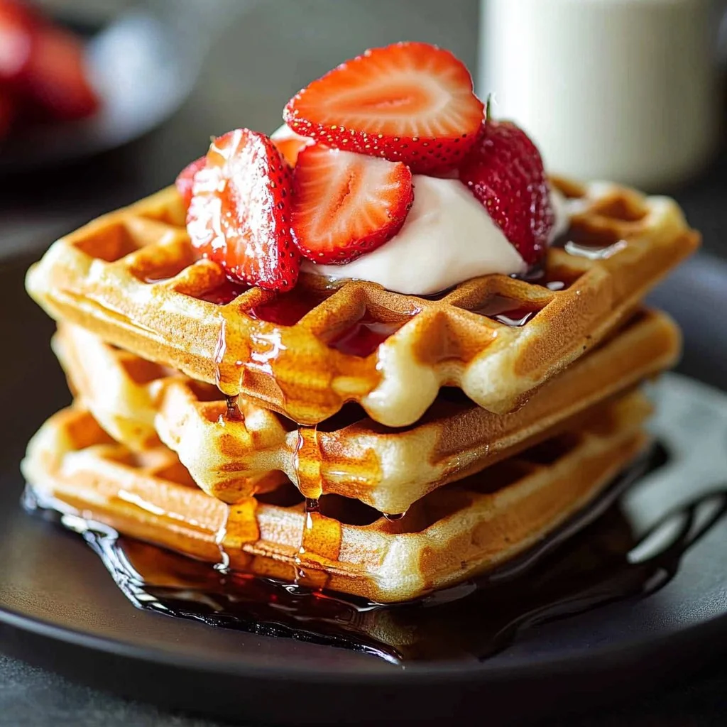Crispy protein packed waffles served with fresh fruit and syrup