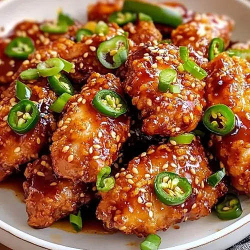Plate of crispy spicy jalapeño chicken garnished with fresh herbs