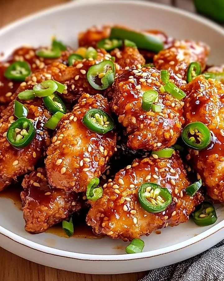 Plate of crispy spicy jalapeño chicken garnished with fresh herbs