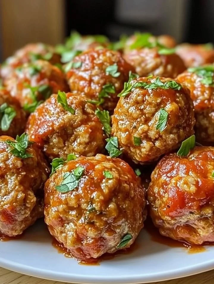 Crispy tender air fryer turkey meatballs in a bowl garnished with herbs
