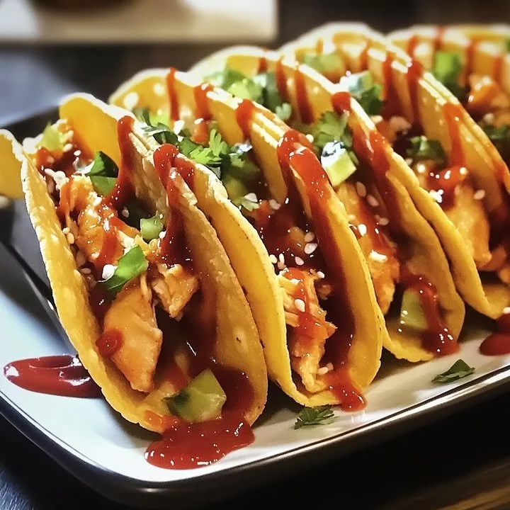 Crispy wonton tacos drizzled with sweet chili sauce on a white plate.