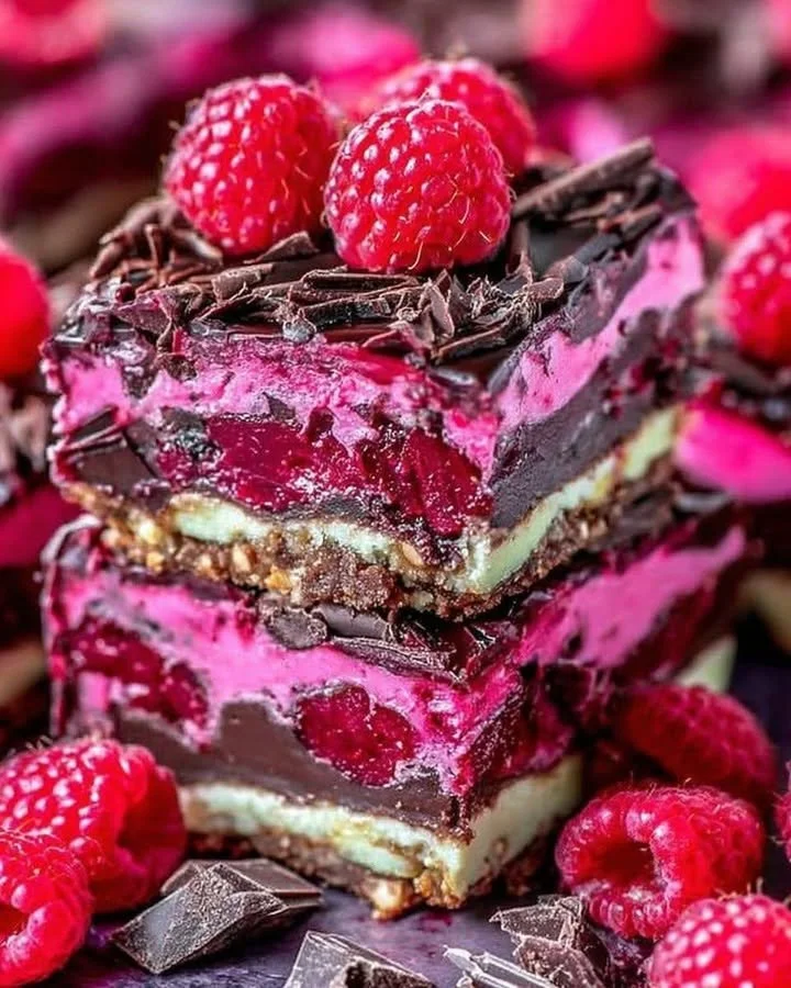 Dark Chocolate Raspberry Bars featuring rich chocolate and fresh raspberries