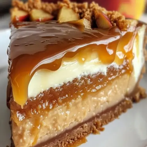 Decadent caramel apple cheesecake topped with sweet caramel and fresh apple slices