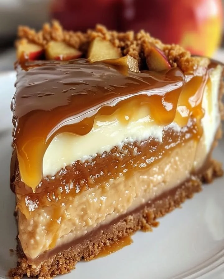 Decadent caramel apple cheesecake topped with sweet caramel and fresh apple slices