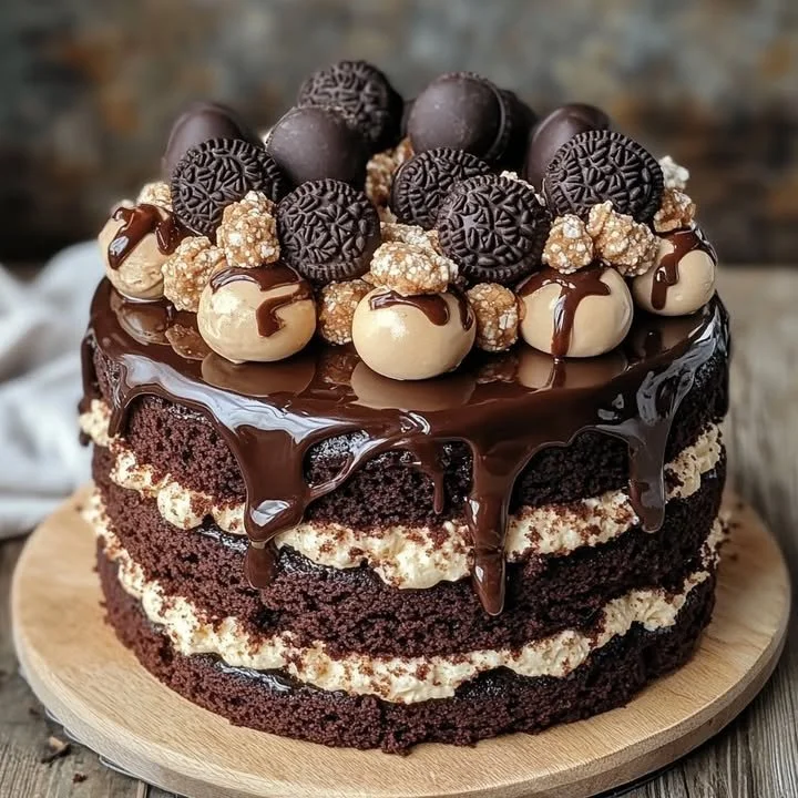 Slice of decadent Ferrero Oreo Cake topped with chocolate and Oreos