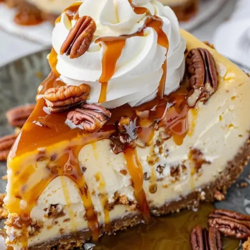Slice of decadent pecan caramel cheesecake topped with caramel and pecans