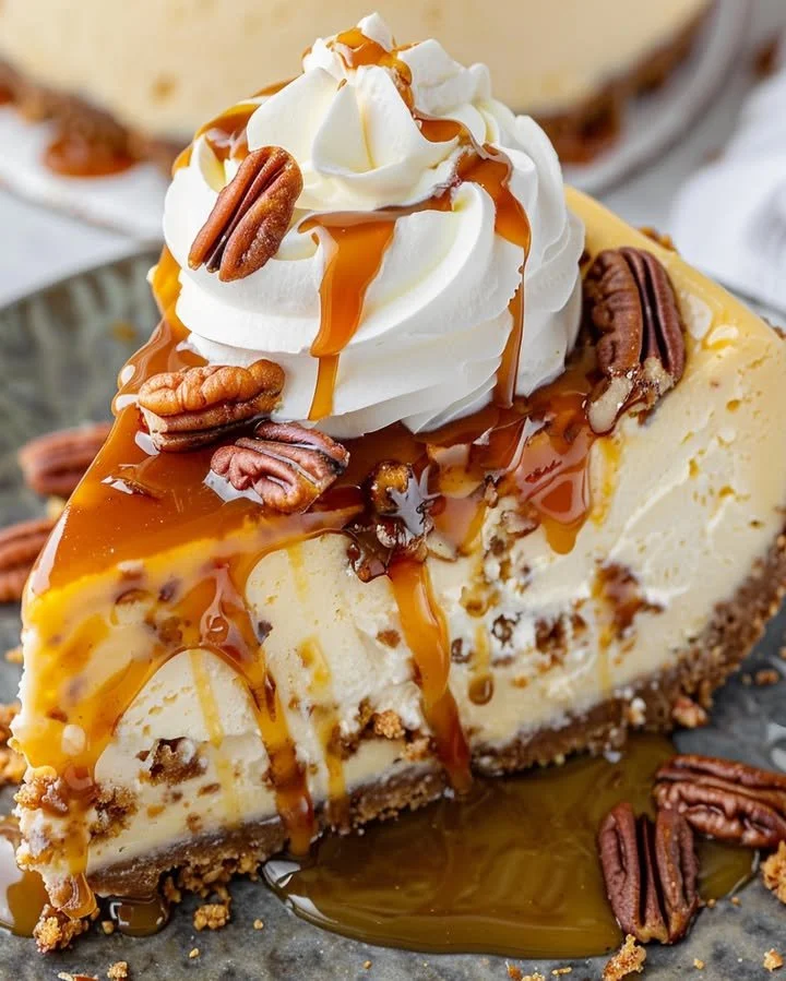 Slice of decadent pecan caramel cheesecake topped with caramel and pecans