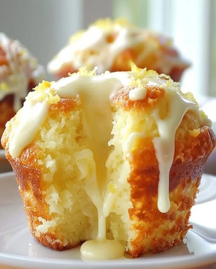 Freshly baked lemon cream cheese muffins on a rustic wooden table