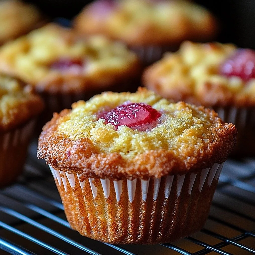 Freshly baked tender rhubarb muffins on a cooling rack