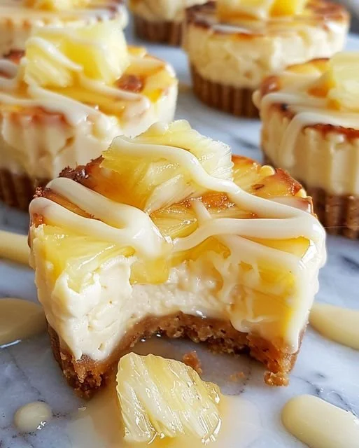 Delicious pineapple cheesecake bites topped with white chocolate.