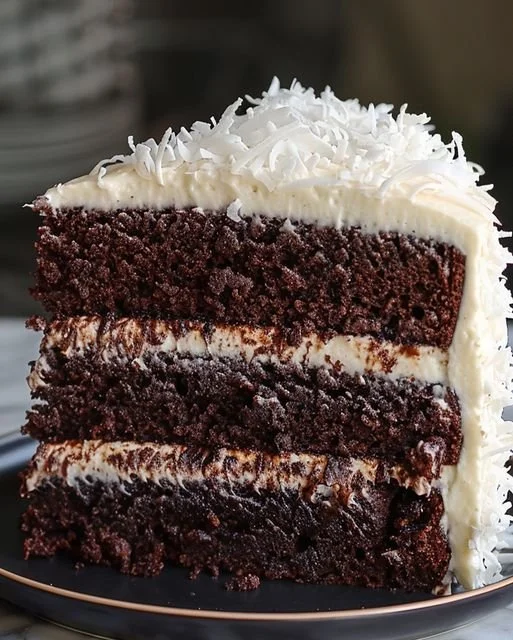 Slice of divine coconut chocolate cake topped with coconut flakes