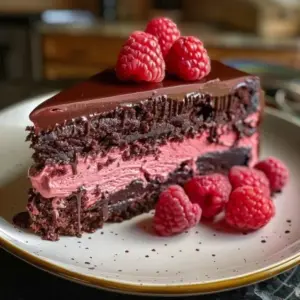 Decadent raspberry chocolate mousse cake topped with fresh raspberries and cocoa powder.