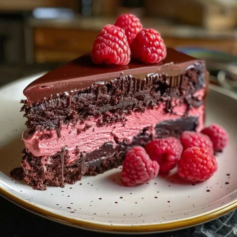 Decadent raspberry chocolate mousse cake topped with fresh raspberries and cocoa powder.