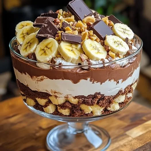 Dreamy chocolate banana trifle with layers of chocolate and banana slices