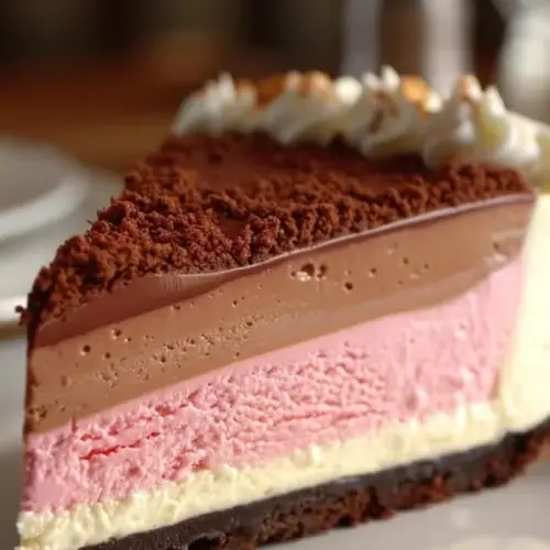 Slice of dreamy Neapolitan Cheesecake with chocolate, vanilla, and strawberry layers.