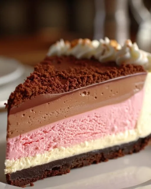 Slice of dreamy Neapolitan Cheesecake with chocolate, vanilla, and strawberry layers.