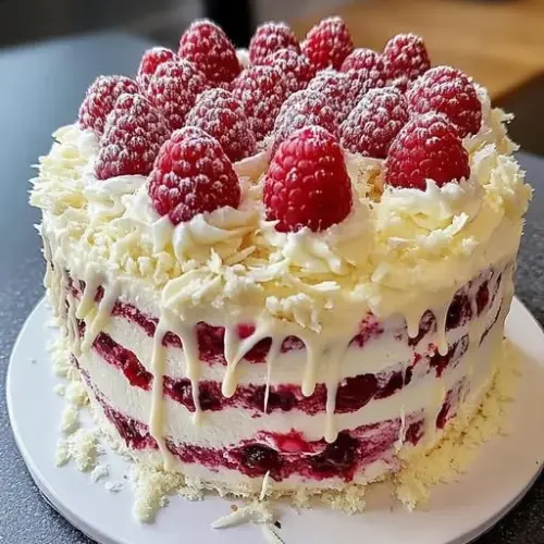Deliciously frosted white chocolate raspberry cake with fresh berries