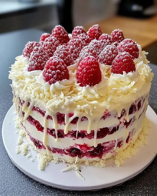 Deliciously frosted white chocolate raspberry cake with fresh berries