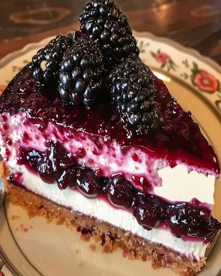 Delicious easy blackberry cheesecake topped with fresh blackberries
