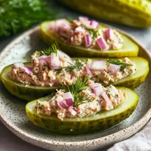 Easy five-ingredient tuna pickle boats ready to serve as a healthy snack.