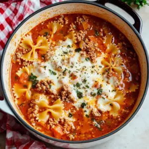 Delicious easy lasagna soup served in a bowl with fresh herbs