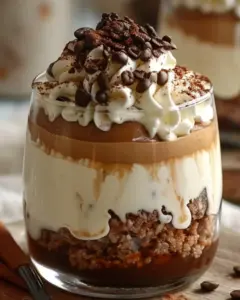 Delicious and creamy coffee mousse dessert in a glass