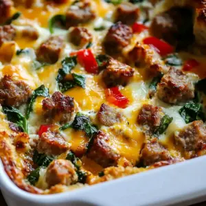 Delicious make-ahead breakfast casserole with egg and veggies in a baking dish