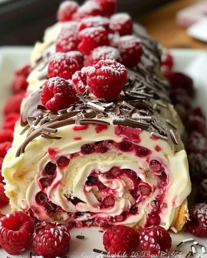 Elegant Raspberry White Chocolate Roll dessert with creamy white chocolate and fresh raspberries.