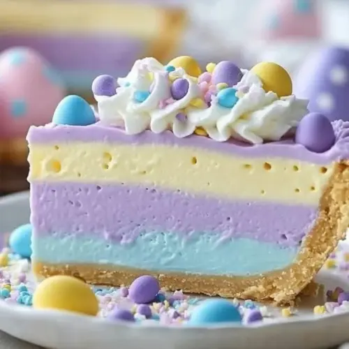 Colorful Easter Jello Pie with layers of fruit and gelatin, perfect for spring celebrations.