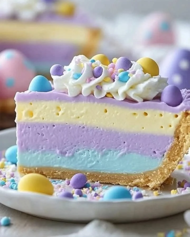 Colorful Easter Jello Pie with layers of fruit and gelatin, perfect for spring celebrations.