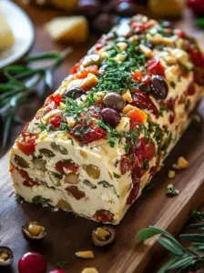 Festive Australian antipasto cream cheese log with olives and herbs