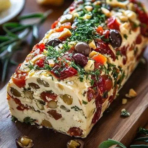 Festive Australian antipasto cream cheese log with olives and herbs