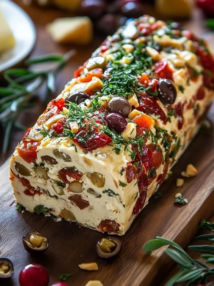 Festive Australian antipasto cream cheese log with olives and herbs
