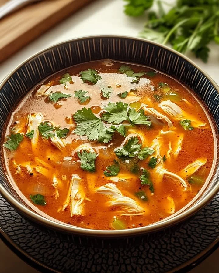 Bowl of spicy fiery chicken soup with colorful vegetables and herbs
