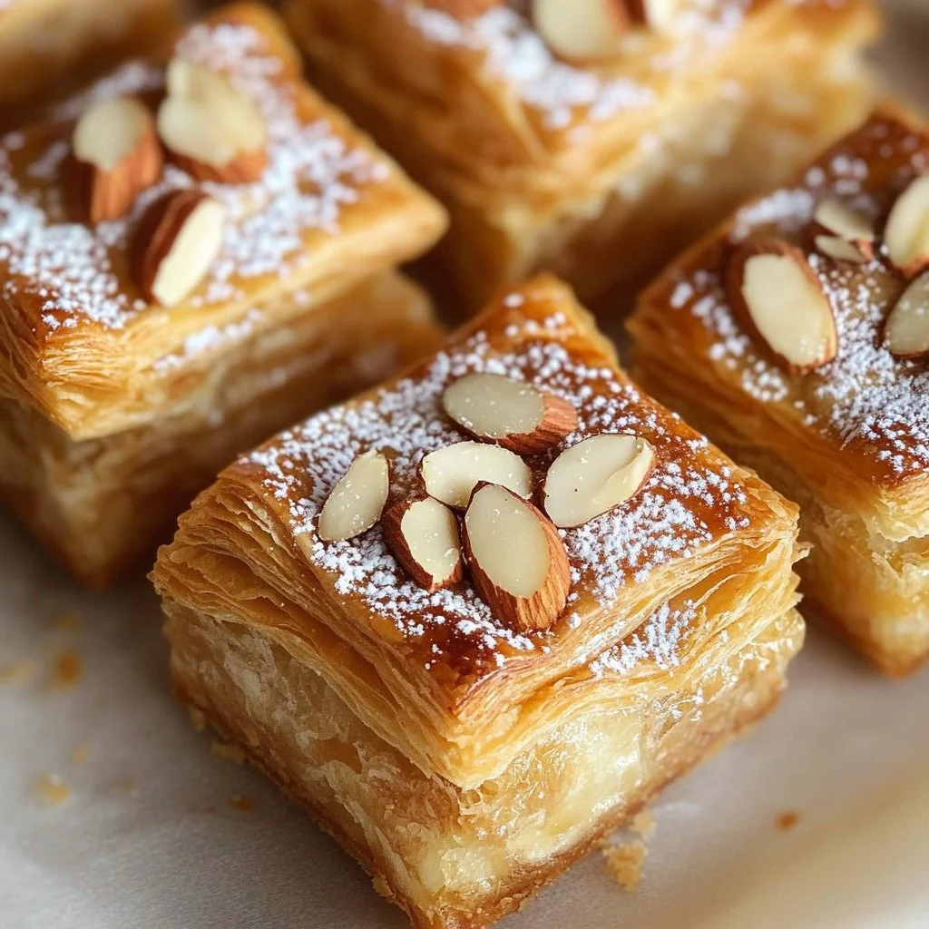 Flaky almond croissant bites with a golden brown crust and almond filling