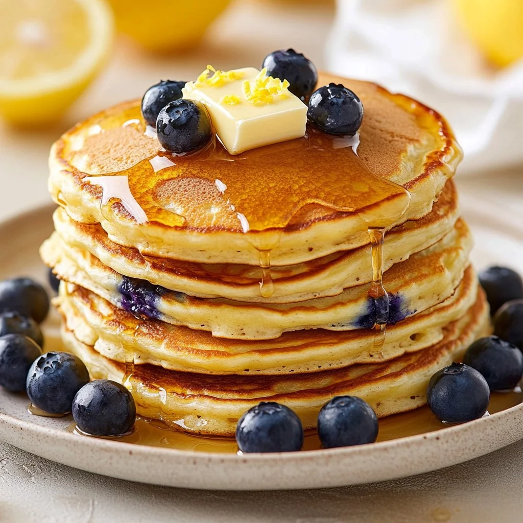 Fluffy pancakes topped with lemon ricotta and fresh berries