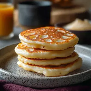 Fluffy sourdough crumpets topped with butter and jam on a plate