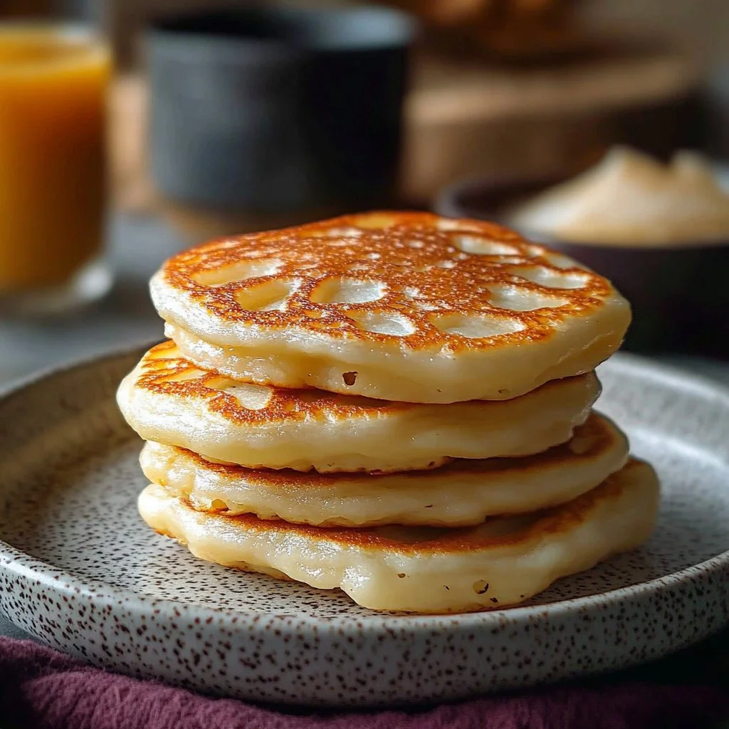 Fluffy sourdough crumpets topped with butter and jam on a plate