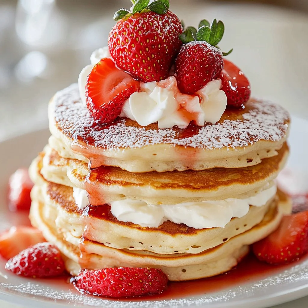 Delicious fluffy strawberry shortcake pancakes topped with fresh strawberries and whipped cream.