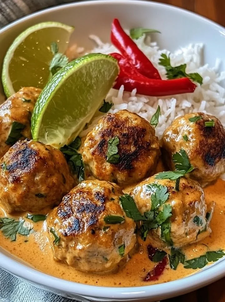 Fragrant Thai chicken meatballs in a rich curry sauce served in a bowl