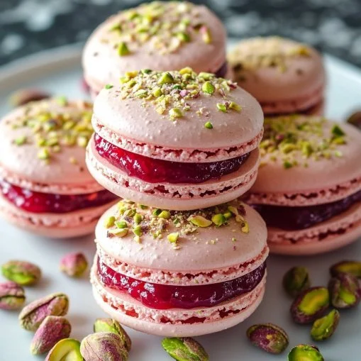 French macarons in raspberry and pistachio flavors beautifully arranged