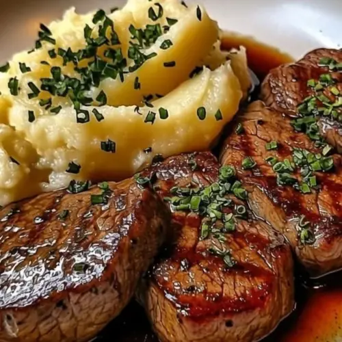 Delicious Garlic Butter Steak Bites served with creamy mashed potatoes