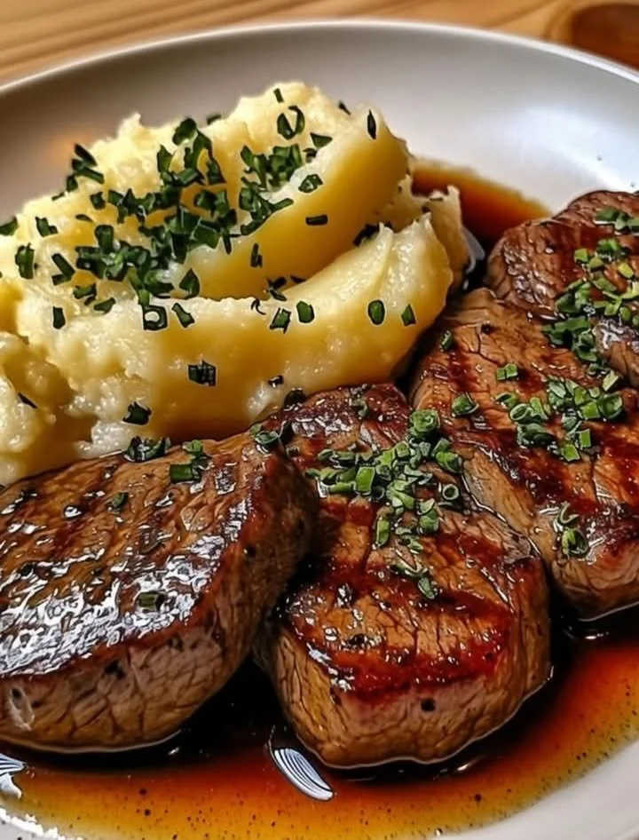 Delicious Garlic Butter Steak Bites served with creamy mashed potatoes