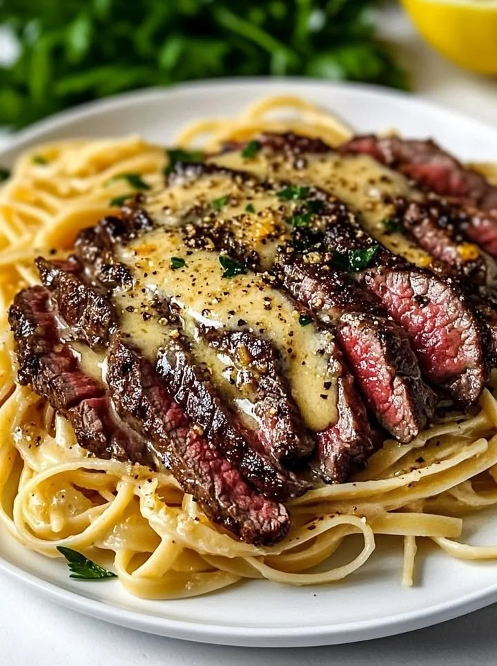 Plate of garlic butter steak pasta with Parmesan cheese garnished with fresh herbs